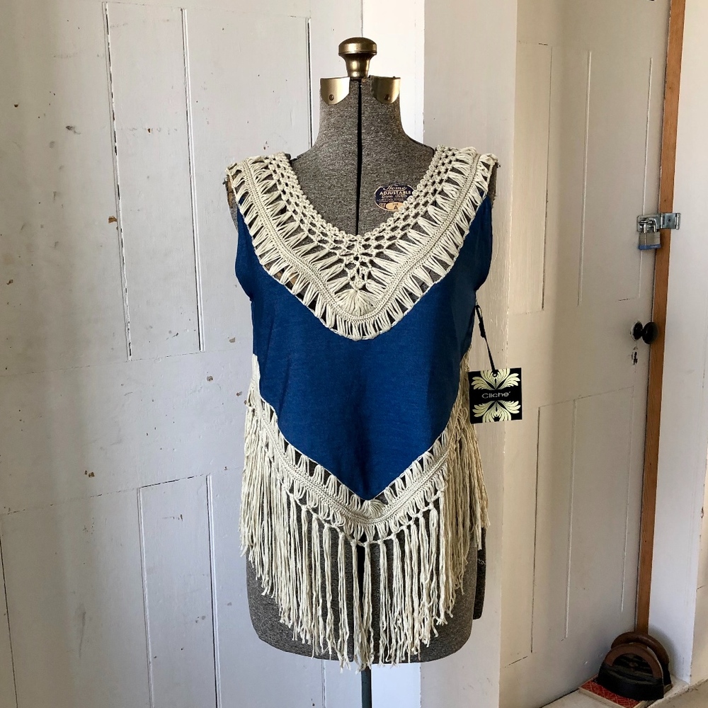 Cliche Crochet Fringe BoHo Denim Top - Picture 1 of 8